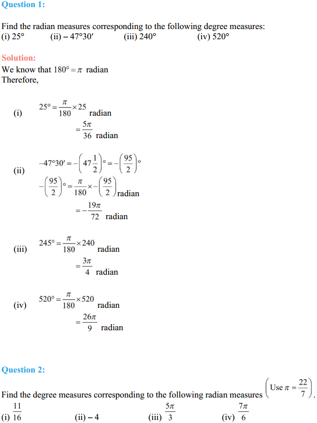 MP Board Class 11th Maths Solutions Chapter 3 Trigonometric Functions Ex 3.1 1